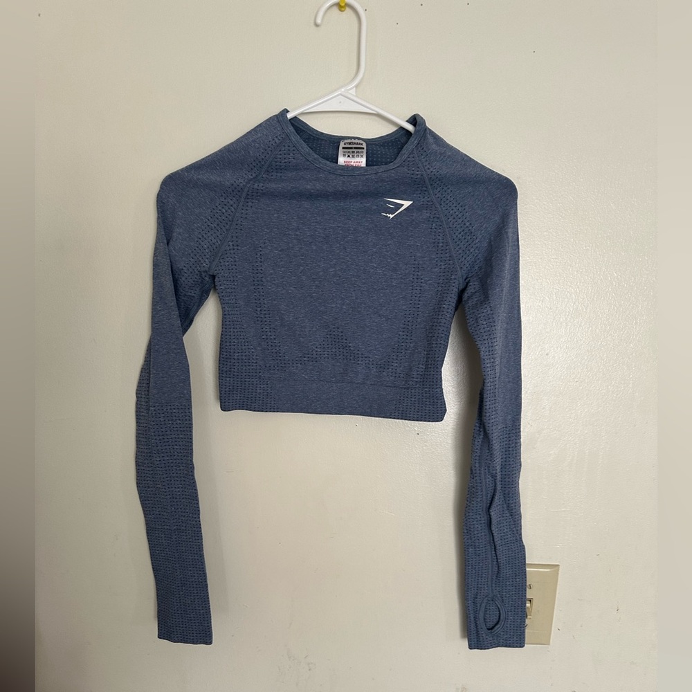 Gymshark Blue Vital Seamless Crop Top - Long Sleeve with Thumbholes size S - Picture 9 of 9